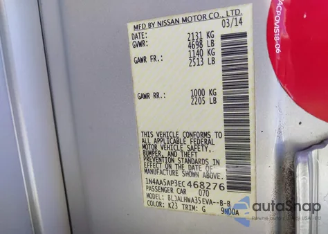 2014 Nissan Maxima 3.5 Sv from USA, damaged, VIN 1N4AA5AP3EC468276